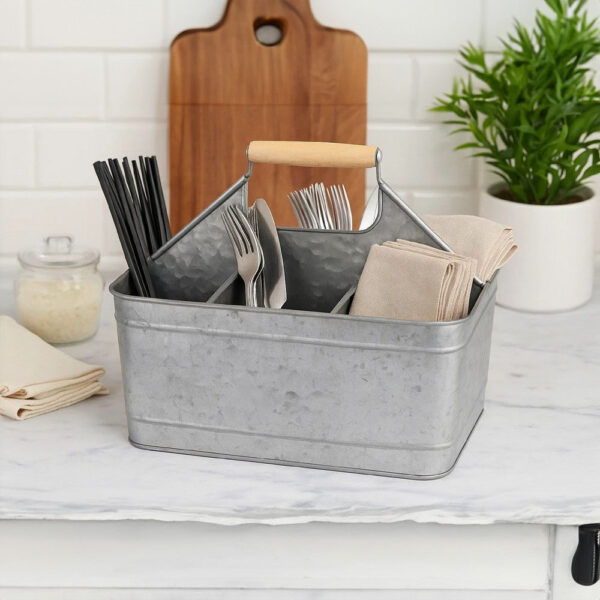 Metal Caddy Serveware with Mango Wood Handle, Rustic Galvanized Gray