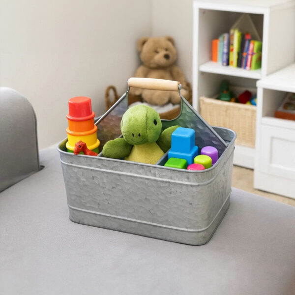 Metal Caddy Serveware with Mango Wood Handle, Rustic Galvanized Gray