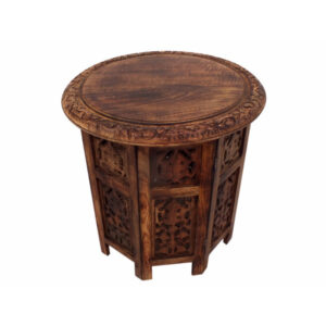 18 Inch Mango Wood Folding Accent Table, Hand Carved, Walnut Brown