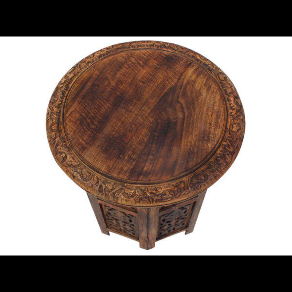 18 Inch Mango Wood Folding Accent Table, Hand Carved, Walnut Brown