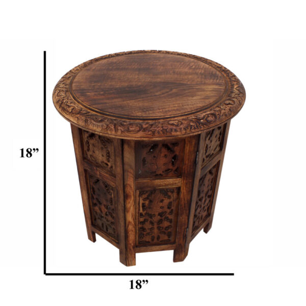 18 Inch Mango Wood Folding Accent Table, Hand Carved, Walnut Brown