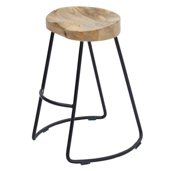 Ela 30 Inch Mango Wood Bar Stool, Saddle Seat, Iron Frame, Brown and Black
