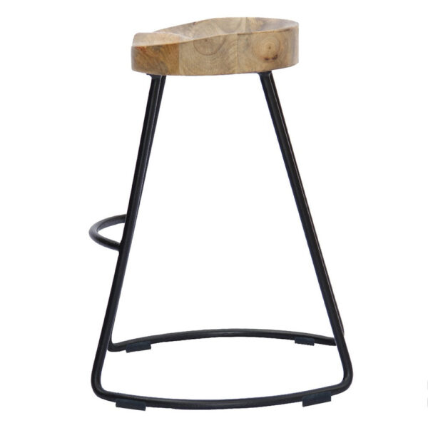 Ela 30 Inch Mango Wood Bar Stool, Saddle Seat, Iron Frame, Brown and Black