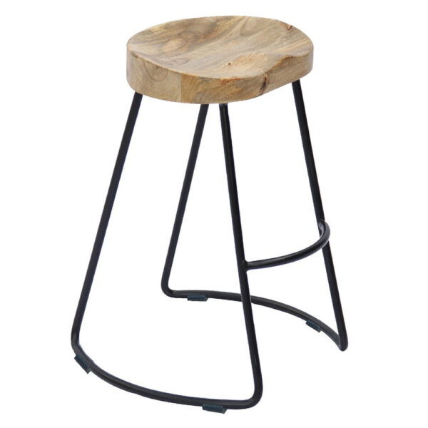 Ela 30 Inch Mango Wood Bar Stool, Saddle Seat, Iron Frame, Brown and Black