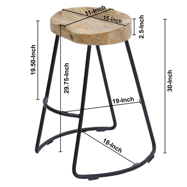 Ela 30 Inch Mango Wood Bar Stool, Saddle Seat, Iron Frame, Brown and Black