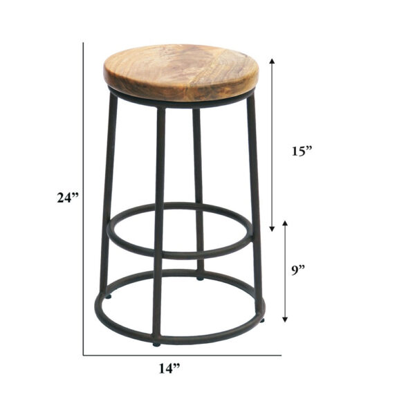 24 Inch Mango Wood Counter Height Barstool With Iron Base, Brown And Black