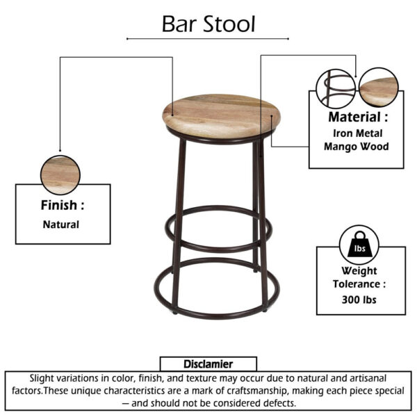 24 Inch Mango Wood Counter Height Barstool With Iron Base, Brown And Black