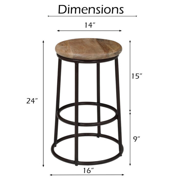 24 Inch Mango Wood Counter Height Barstool With Iron Base, Brown And Black