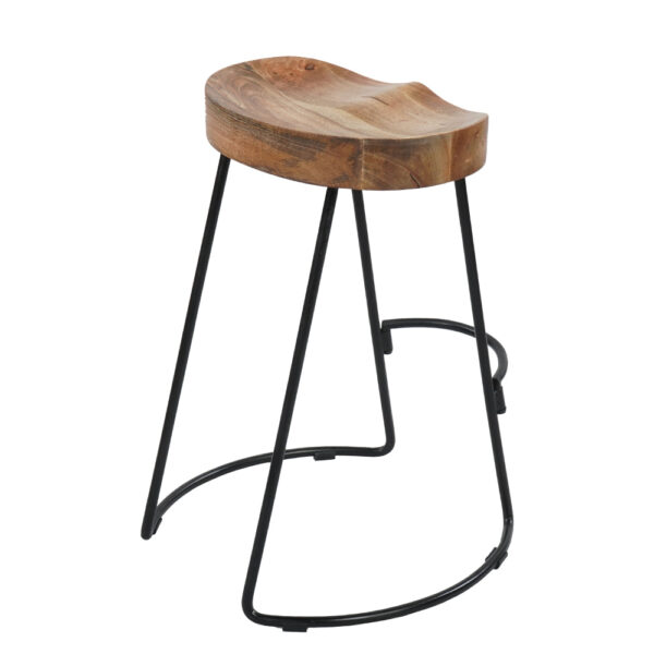 Ela 24 Inch Counter Height Stool, Mango Wood Saddle Seat, Iron Frame, Brown and Black