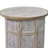 Accent Side Table, Mango Wood 18 Inch Round Top, Hand Carved Inlay Mandala Design, Washed White
