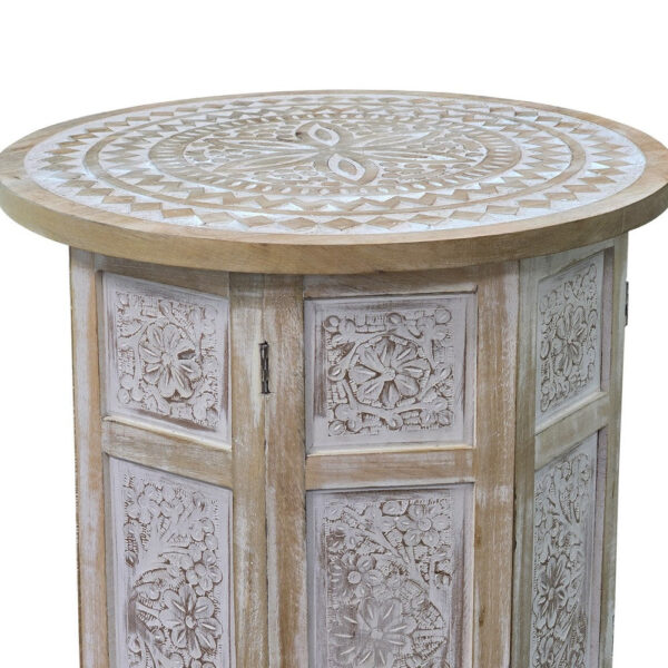 Accent Side Table, Mango Wood 18 Inch Round Top, Hand Carved Inlay Mandala Design, Washed White
