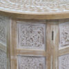 Accent Side Table, Mango Wood 18 Inch Round Top, Hand Carved Inlay Mandala Design, Washed White
