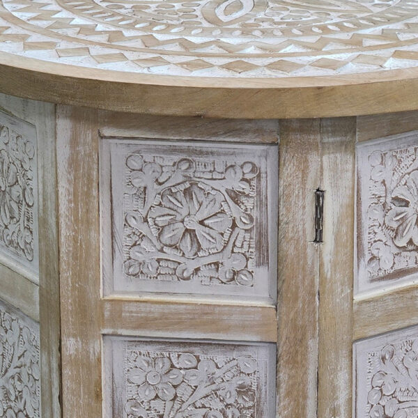 Accent Side Table, Mango Wood 18 Inch Round Top, Hand Carved Inlay Mandala Design, Washed White