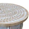 Accent Side Table, Mango Wood 18 Inch Round Top, Hand Carved Inlay Mandala Design, Washed White