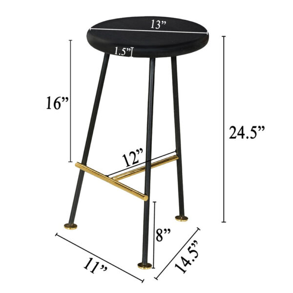 Elira 24 Inch Backless Counter Barstool with Round Mango Wood Seat | Black Iron Legs | Gold Footrest