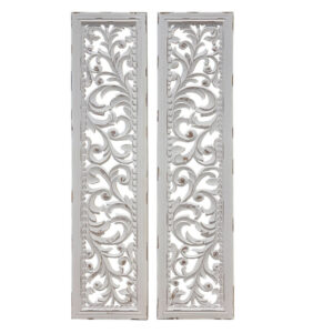 Ozy Carved Wall Art Panel Set of 2, Handcrafted Distressed White Mango Wood, 50 Inch Tall