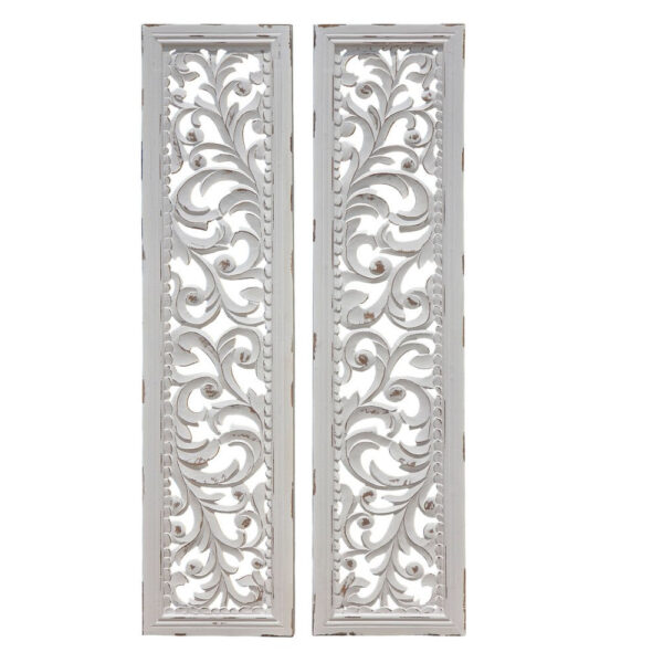 Ozy Carved Wall Art Panel Set of 2, Handcrafted Distressed White Mango Wood, 50 Inch Tall