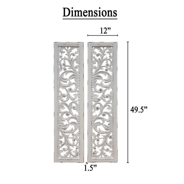 Ozy Carved Wall Art Panel Set of 2, Handcrafted Distressed White Mango Wood, 50 Inch Tall