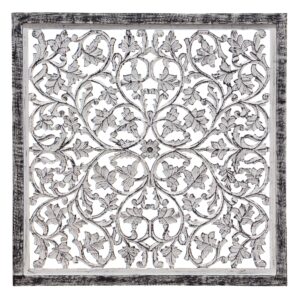Ozy Carved Mango Wood Wall Decor| 36 Inch Square I Handcrafted Distressed Black & White