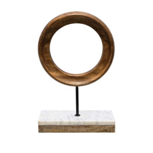 Decorative Tabletop Sculpture | Brown Mango Wood Ring Design | | Black Iron Stem and Marble Base