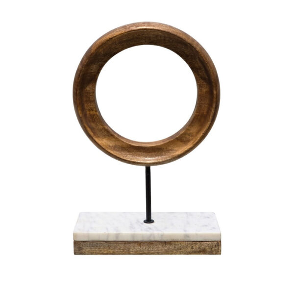 Decorative Tabletop Sculpture | Brown Mango Wood Ring Design | | Black Iron Stem and Marble Base