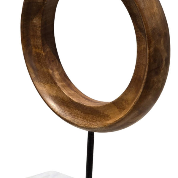 Decorative Tabletop Sculpture | Brown Mango Wood Ring Design | | Black Iron Stem and Marble Base