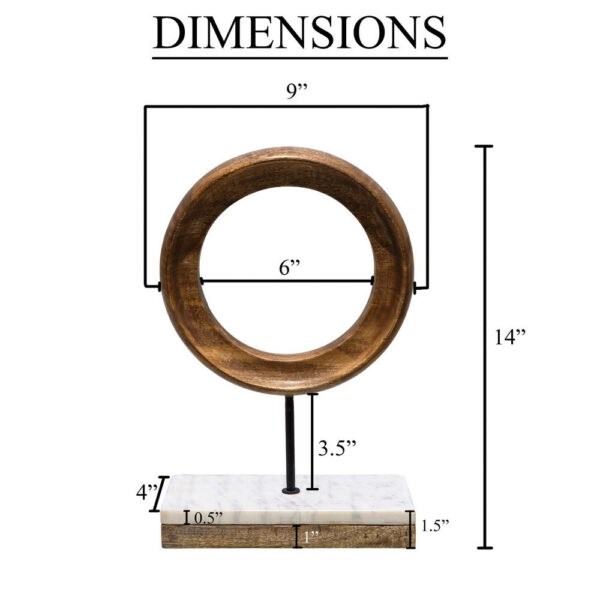 Decorative Tabletop Sculpture | Brown Mango Wood Ring Design | | Black Iron Stem and Marble Base