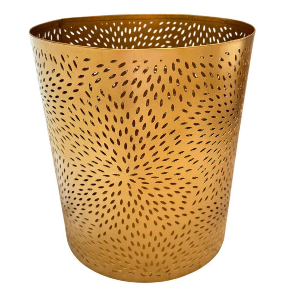 10" Decorative Iron Wastebasket Trash Can | Matte Gold | Leaf Etched Design