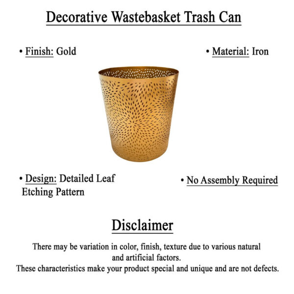 10" Decorative Iron Wastebasket Trash Can | Matte Gold | Leaf Etched Design