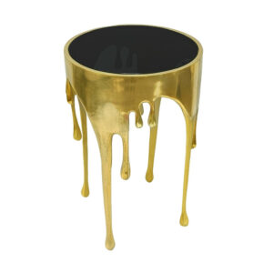 Capri Side End Table | 24.75 Inch Round Glass Top | Melting Drip Design | Antique Gold