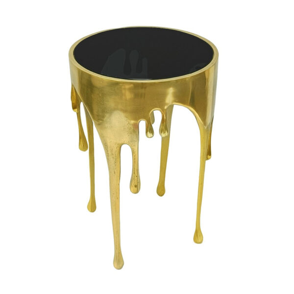 Capri Side End Table | 24.75 Inch Round Glass Top | Melting Drip Design | Antique Gold