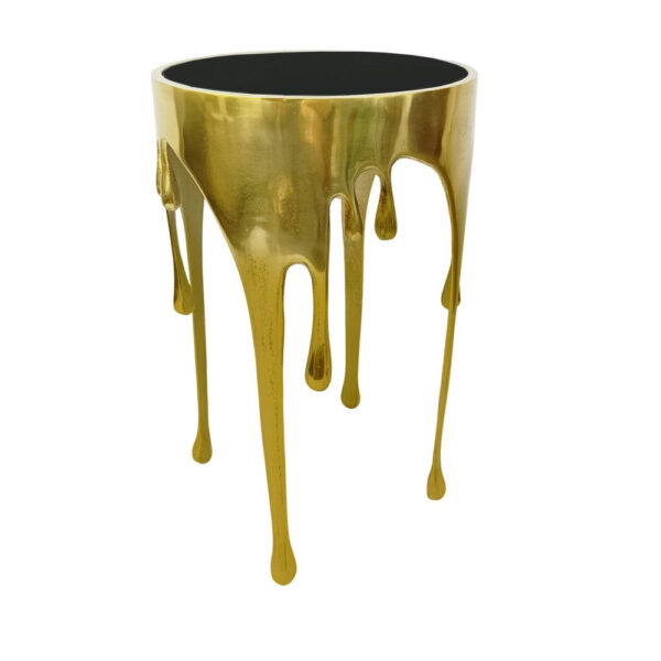 Capri Side End Table | 24.75 Inch Round Glass Top | Melting Drip Design | Antique Gold