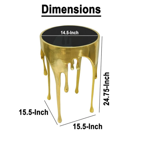 Capri Side End Table | 24.75 Inch Round Glass Top | Melting Drip Design | Antique Gold