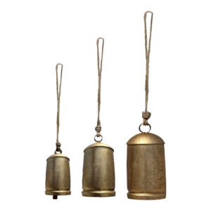 Zaira Decorative Iron Cow Bells Set of 3 | Cylindrical | Antique Gold Finish| Jute Hanging Rope | 20, 15, 12 Inches