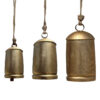 Zaira Decorative Iron Cow Bells Set of 3 | Cylindrical | Antique Gold Finish| Jute Hanging Rope | 20, 15, 12 Inches