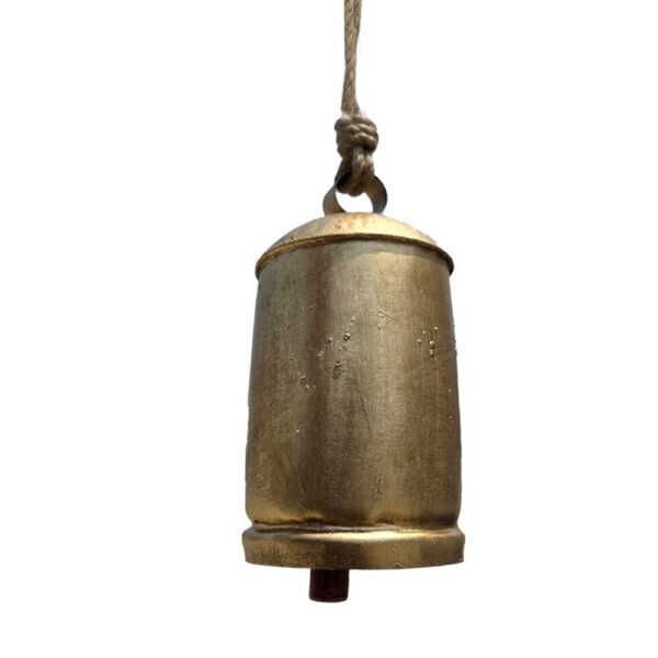 Zaira Decorative Iron Cow Bells Set of 3 | Cylindrical | Antique Gold Finish| Jute Hanging Rope | 20, 15, 12 Inches