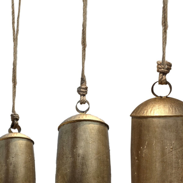 Zaira Decorative Iron Cow Bells Set of 3 | Cylindrical | Antique Gold Finish| Jute Hanging Rope | 20, 15, 12 Inches