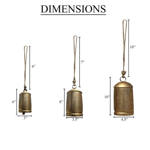 Zaira Decorative Iron Cow Bells Set of 3 | Cylindrical | Antique Gold Finish| Jute Hanging Rope | 20, 15, 12 Inches