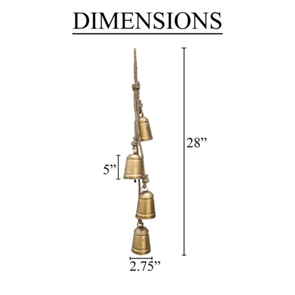 Zema Rustic Iron Hanging Bells Wall Decor, Cylindrical Cowbell on 28 Inch Jute Rope, Antique Gold