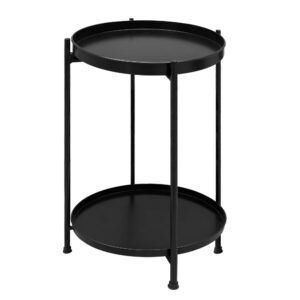 Vica 15 Inch Modern Side End Table, Metal Round Tray Top, Foldable Legs, Black
