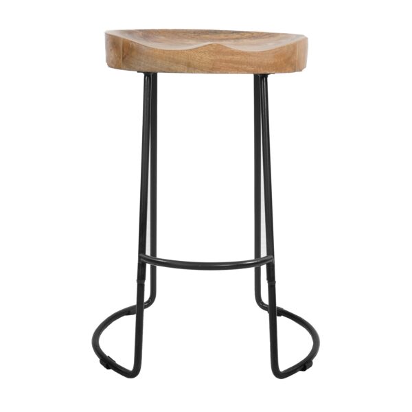 24 Inch Handcrafted Backless Barstool, Natural Brown Mango Wood Thick Saddle Seat, Black Iron Base