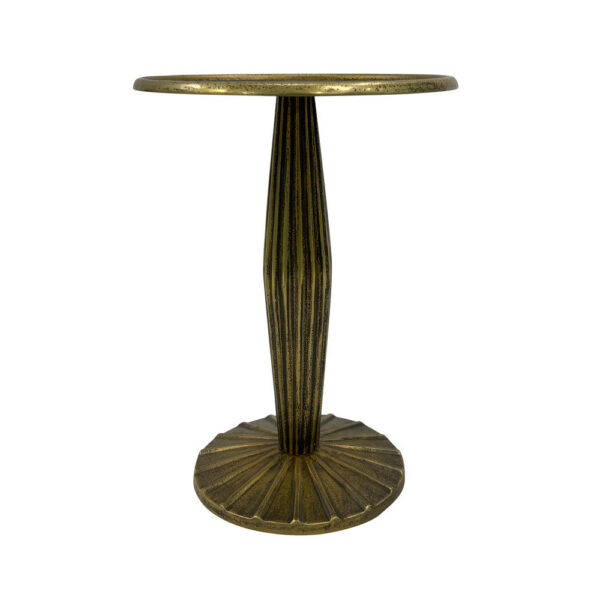 17 Inch Side End Drink Table, Fancy Fluted Base, Round Top, Antique Brass
