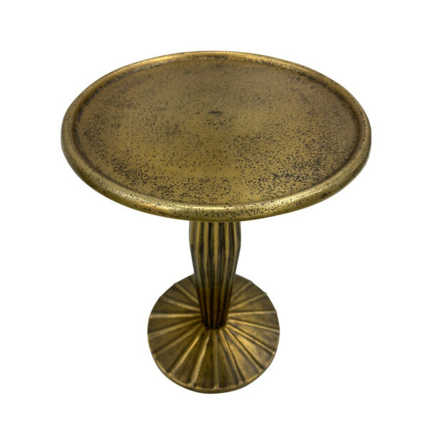 17 Inch Side End Drink Table, Fancy Fluted Base, Round Top, Antique Brass