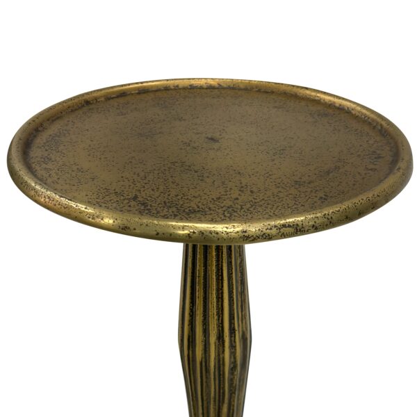 17 Inch Side End Drink Table, Fancy Fluted Base, Round Top, Antique Brass