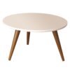 24 Inch Modern Coffee Table, Round Off White MDF Top, Tapered Brown Mango Wood Legs