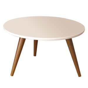 24 Inch Modern Coffee Table, Round Off White MDF Top, Tapered Brown Mango Wood Legs