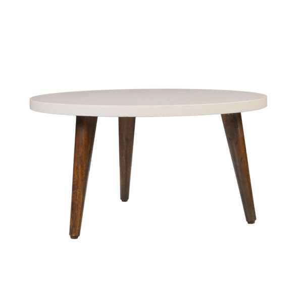 24 Inch Modern Coffee Table, Round Off White MDF Top, Tapered Brown Mango Wood Legs