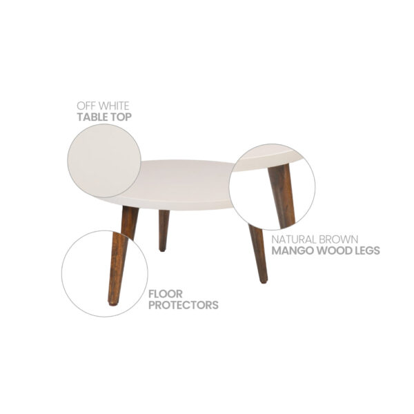 24 Inch Modern Coffee Table, Round Off White MDF Top, Tapered Brown Mango Wood Legs