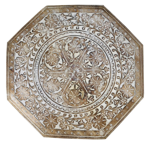 Olta 18 Inch Handcrafted Farmhouse Side Table, Engraved Carved Design, Mango Wood, Octagonal Top, Antique Brown