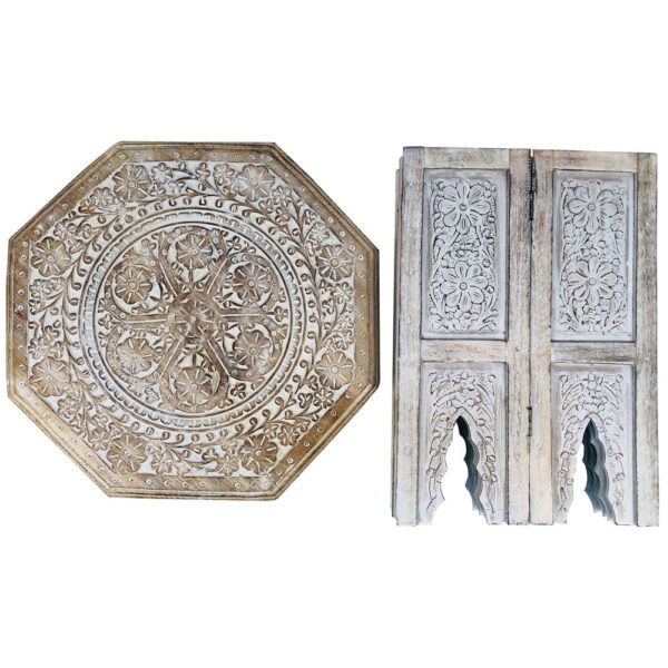 Olta 18 Inch Handcrafted Farmhouse Side Table, Engraved Carved Design, Mango Wood, Octagonal Top, Antique Brown